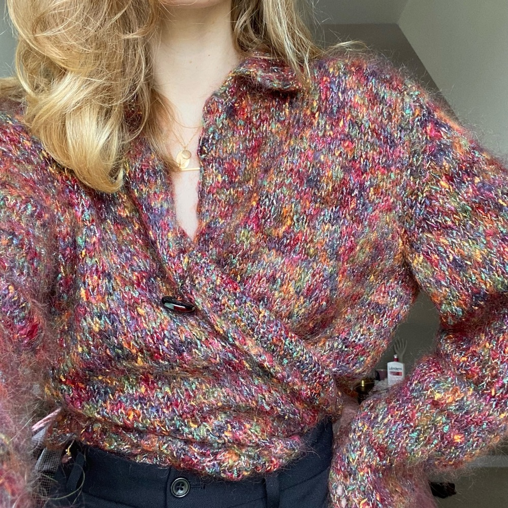 Vintage hand-knitted chunky oversized colourful cardigan